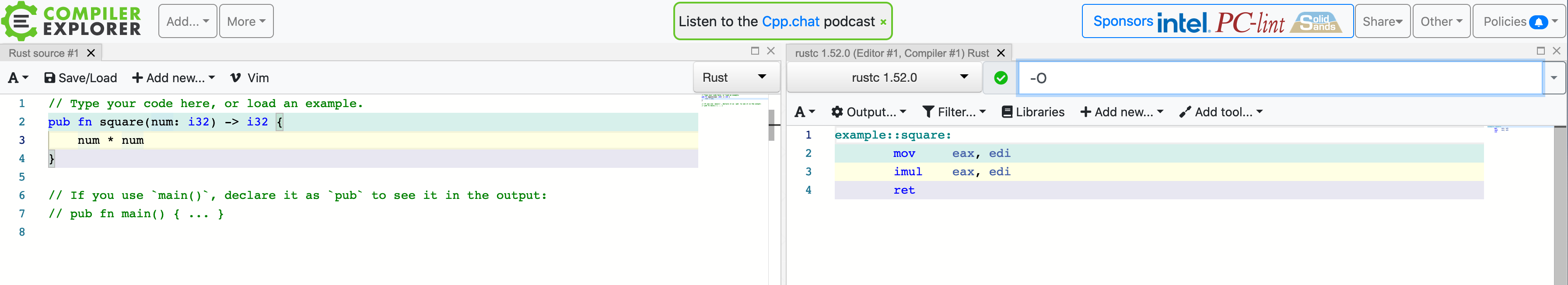 Compiler Explorer with optimized code