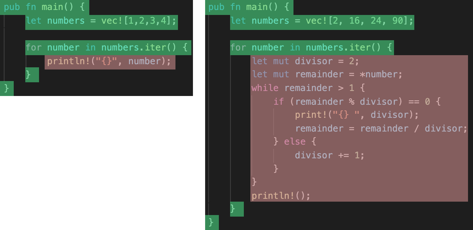 Comparing the previous two code examples to identify common code (green) and different code (red)