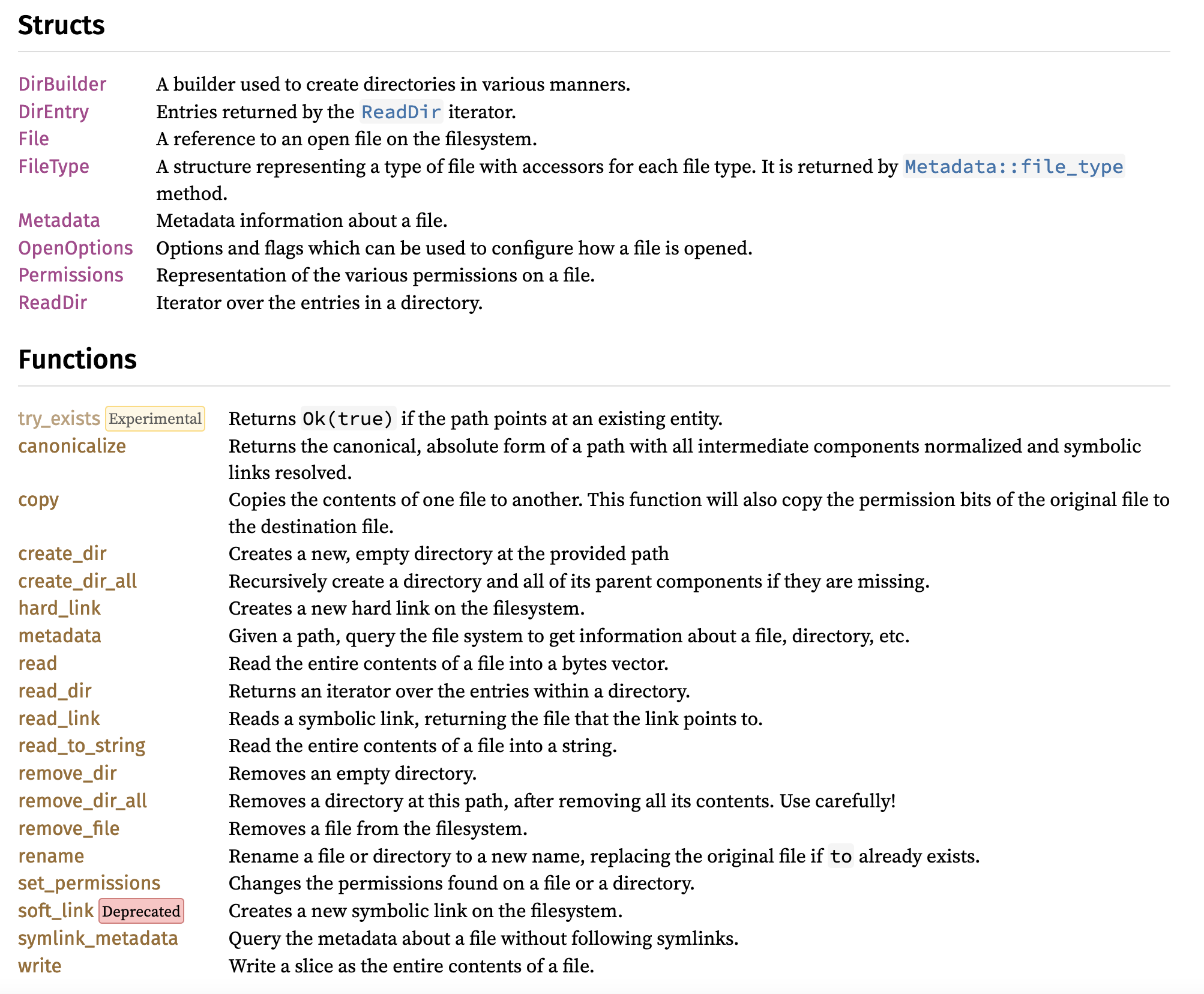 Screenshot of the functions of std::fs::File, which don't include I/O stuff