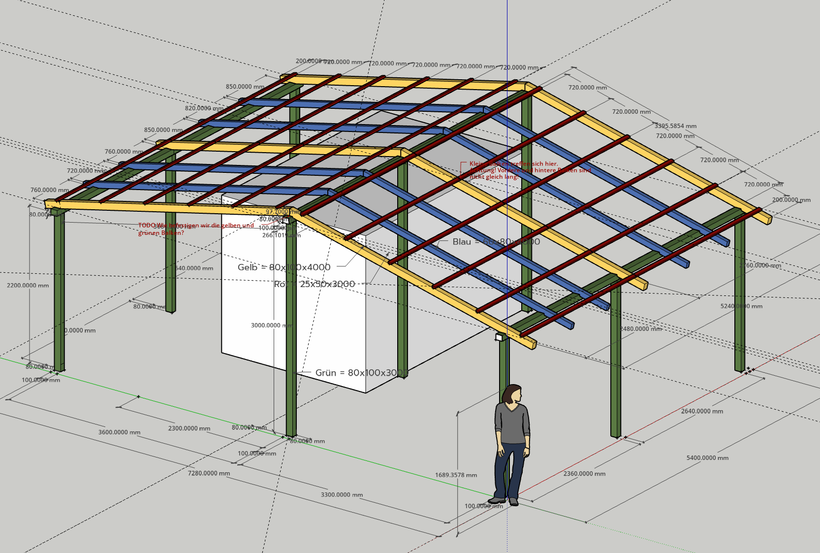Picture of my 3D model of the new shelter, two slanted roofs on top of some wooden beams